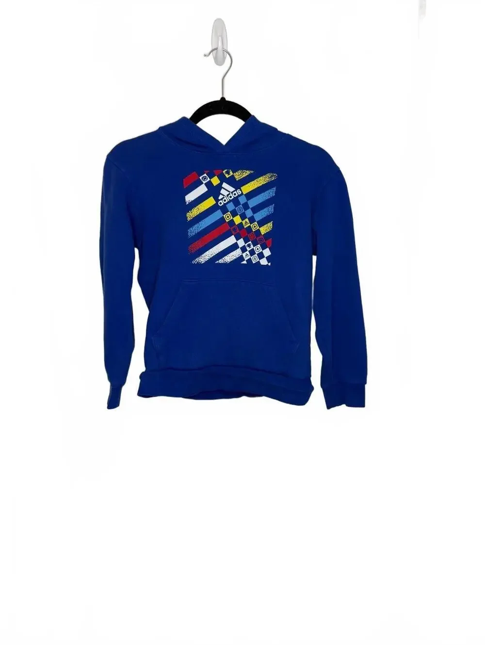 Adidas Boys' Blue Hoodie Sweatshirt with Colorful Graphic Design, Size M (10/12)